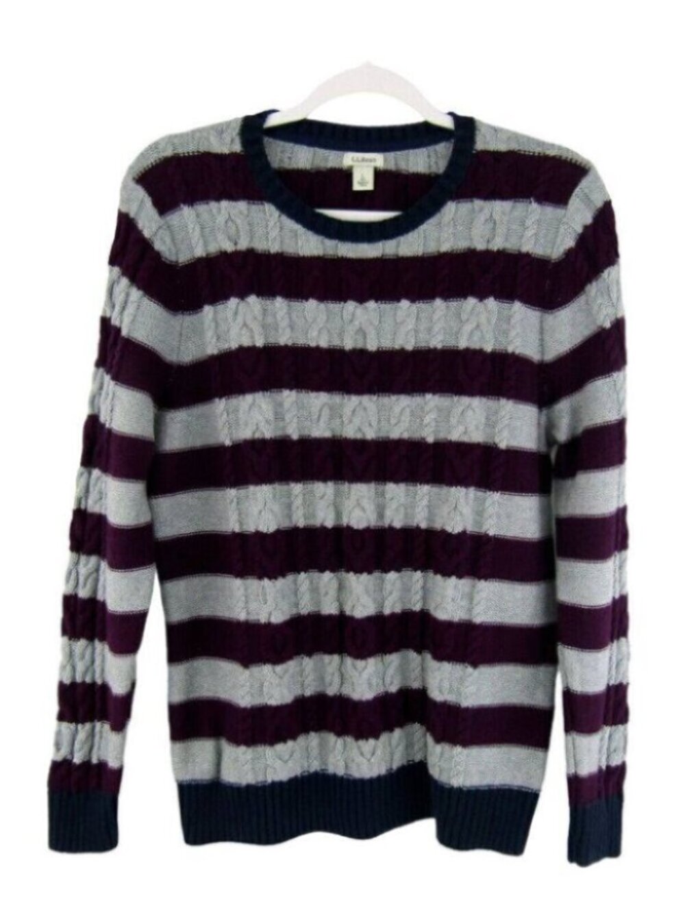 LL Bean Purple Gray Stripe Sweater Fisherman Cable Knit Womens L Navy Blue Trim